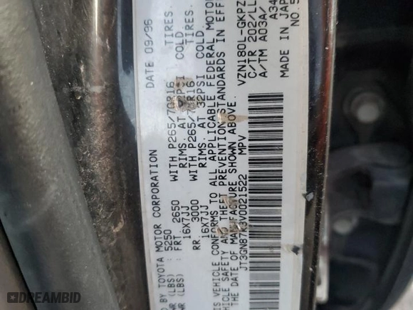 1997 Toyota 4Runner Limited with VIN JT3GN87R3V0021522, listed as a Copart auction lot 85079484 with 191,599 mi miles and Salvage Title. Bid and sale history available at carsss.com. Image 13.