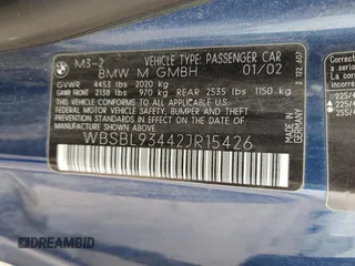 2002 BMW 3 Series M3 with VIN WBSBL93442JR15426, listed as a Copart auction lot 51301065 with 187,447 mi miles and Clean Title. Bid and sale history available at DreamBid. Image 12.