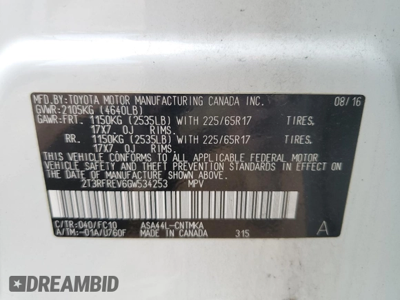2016 Toyota RAV4 XLE with VIN 2T3RFREV6GW534253, listed as a Copart auction lot 59189645 with 139,420 mi miles and Salvage title. Bid and sale history available at DreamBid. Image 13.