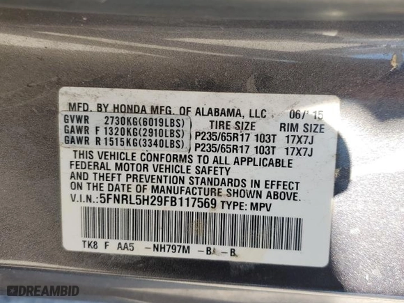 2015 Honda Odyssey LX with VIN 5FNRL5H29FB117569, listed as a Copart auction lot 87870755 with 147,295 mi miles and Salvage Title. Bid and sale history available at carsss.com. Image 15.