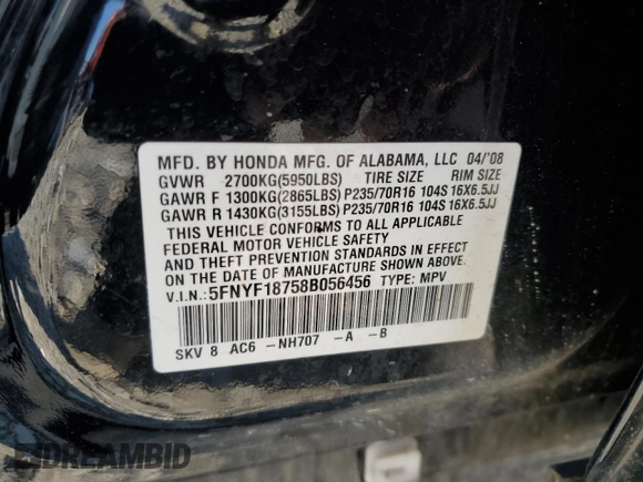 2008 Honda Pilot EX-L with VIN 5FNYF18758B056456, listed as a Copart auction lot 64497905 with 120,169 mi miles and Clean title. Bid and sale history available at DreamBid. Image 13.