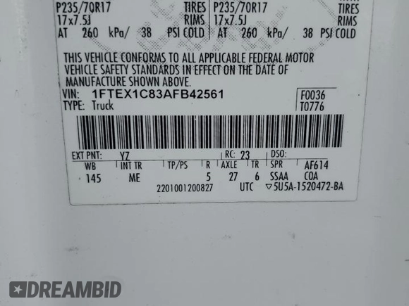 2010 Ford F-150 XL с VIN 1FTEX1C83AFB42561, выставлен на аукционе Copart как лот 62502315 с пробегом 68 156 миль миль и Чистый • Clean title. История ставок и продаж доступна на DreamBid. Изображение 12.