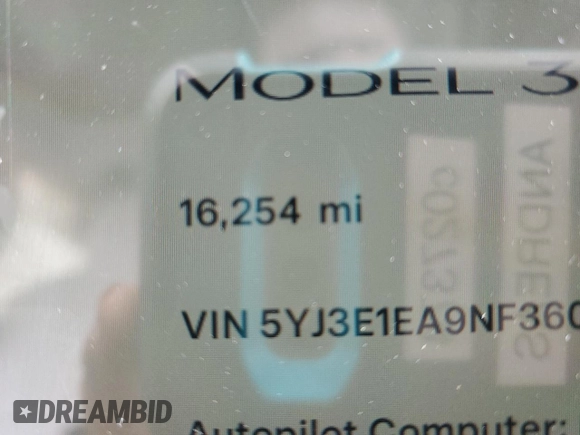 2022 Tesla Model 3 with VIN 5YJ3E1EA9NF360138, listed as a Copart auction lot 50041705 with 16,254 mi miles and Salvage Title. Bid and sale history available at carsss.com. Image 9.
