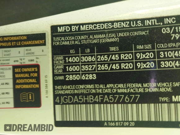 2015 Mercedes-Benz M 350 with VIN 4JGDA5HB4FA577677, listed as a IAAI auction lot 42518630 with 237,779 mi miles and . Bid and sale history available at DreamBid. Image 9.