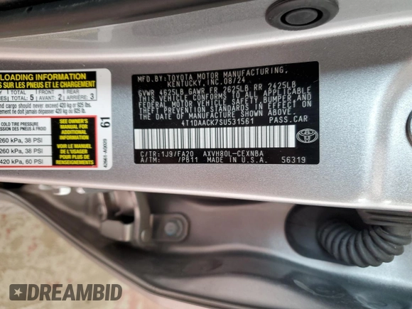 2025 Toyota Camry LE z VIN 4T1DAACK7SU531561, wystawiony jako Copart lot #59753345 z przebiegiem Nie podano mil oraz Nie do naprawy • Non repairable. Historia ofert i sprzedaży dostępna na DreamBid. Obrazek 13.