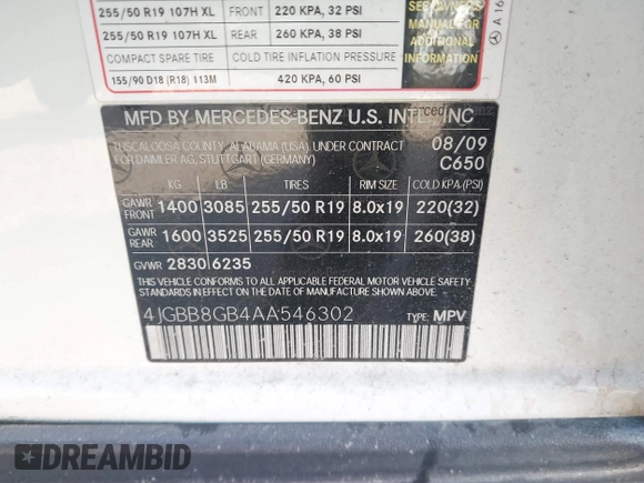 2010 Mercedes-Benz M 350 with VIN 4JGBB8GB4AA546302, listed as a IAAI auction lot 41995184 with Not Provided miles and . Bid and sale history available at DreamBid. Image 9.