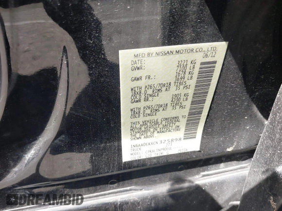 2012 Nissan Titan SV with VIN 1N6AA0EKXCN325898, listed as a IAAI auction lot 42234685 with 102,259 mi miles and . Bid and sale history available at DreamBid. Image 9.