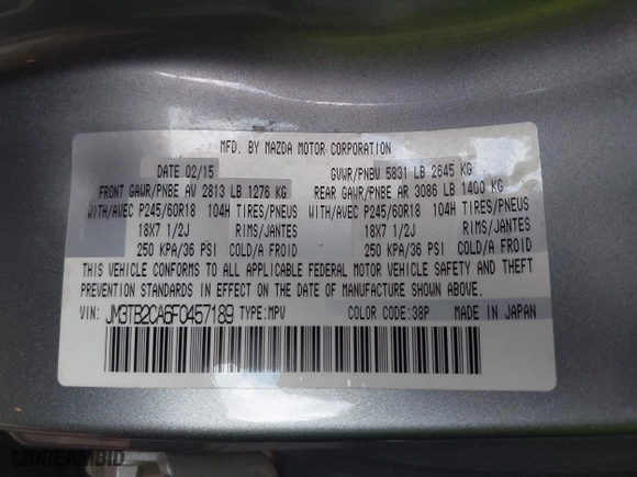 2015 Mazda CX-9 Touring with VIN JM3TB2CA6F0457189, listed as a IAAI auction lot 41529631 with 117,444 mi miles. Bid and sale history available at carsss.com. Image 9.