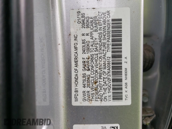 2019 Honda Accord Sport with VIN 1HGCV2F37KA008512, listed as a Copart auction lot 56175805 with 86,980 mi miles and Salvage title. Bid and sale history available at DreamBid. Image 12.