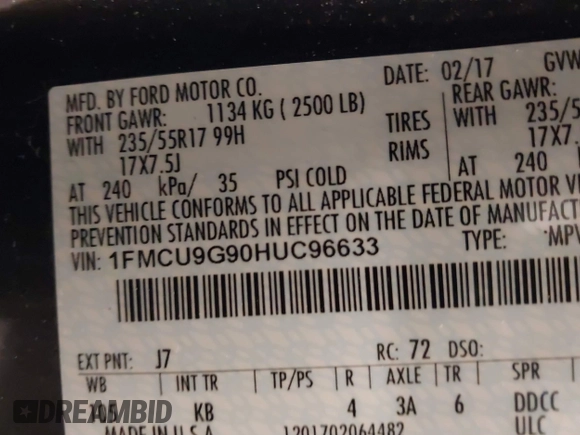 2017 Ford Escape SE with VIN 1FMCU9G90HUC96633, listed as a IAAI auction lot 42005904 with 93,139 mi miles. Bid and sale history available at carsss.com. Image 9.