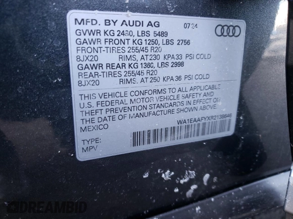 2024 Audi Q5 S line Premium Plus with VIN WA1EAAFYXR2138646, listed as a Copart auction lot 42294595 with 3,378 mi miles and Salvage Title. Bid and sale history available at carsss.com. Image 13.