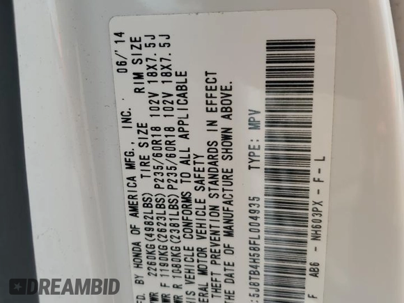 2015 Acura RDX Technology with VIN 5J8TB4H58FL004935, listed as a Copart auction lot 61980864 with 186,319 mi miles and Salvage Title. Bid and sale history available at DreamBid. Image 13.