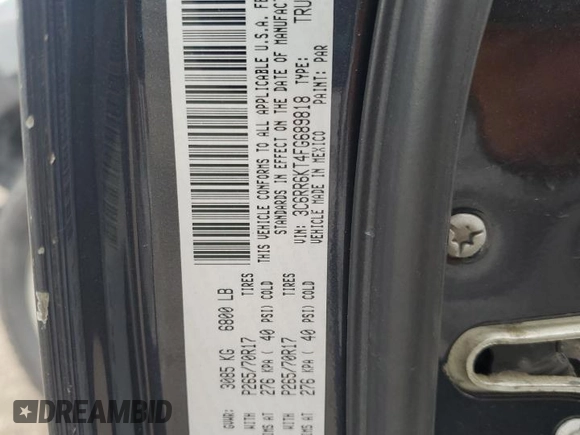 2015 Ram 1500 Express with VIN 3C6RR6KT4FG689818, listed as a Copart auction lot 60698605 with 159,887 mi miles and Salvage title. Bid and sale history available at DreamBid. Image 12.