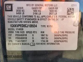 2012 GMC Acadia SLE z VIN 1GKKVPED8CJ108934, wystawiony jako Copart lot #50188165 z przebiegiem 191 610 mil mil oraz Szkoda całkowita • Salvage title. Historia ofert i sprzedaży dostępna na DreamBid. Obrazek 15.