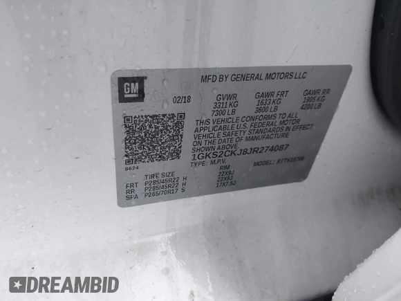 2018 GMC Yukon Denali with VIN 1GKS2CKJ8JR274087, listed as a IAAI auction lot 41097872 with 76,828 mi miles. Bid and sale history available at carsss.com. Image 9.