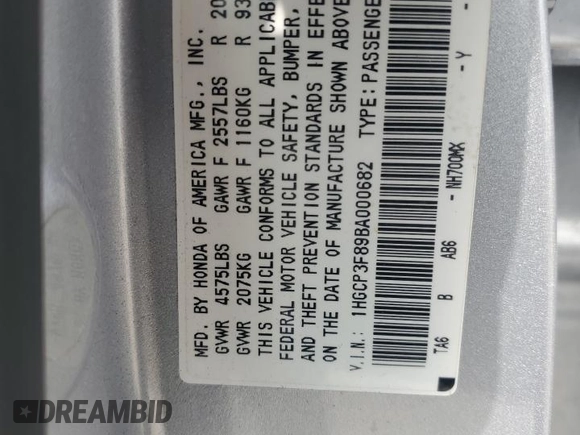 2011 Honda Accord EX-L with VIN 1HGCP3F89BA000682, listed as a Copart auction lot 61392095 with 191,690 mi miles and Clean title. Bid and sale history available at DreamBid. Image 12.