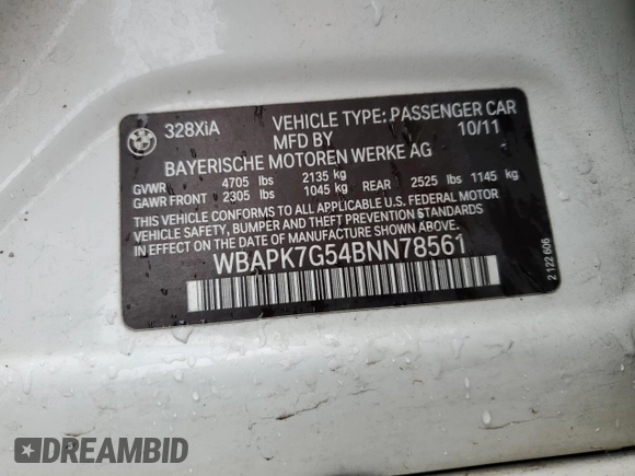 2011 BMW 3 Series 328i xDrive with VIN WBAPK7G54BNN78561, listed as a Copart auction lot 49926444 with 145,695 mi miles and Salvage Title. Bid and sale history available at carsss.com. Image 12.