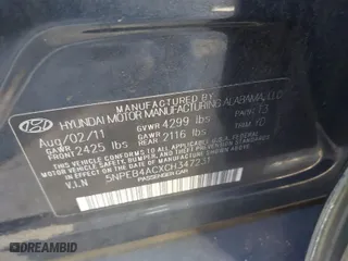 2012 Hyundai Sonata GLS PZEV with VIN 5NPEB4ACXCH347231, listed as a IAAI auction lot 41738077 with 246,034 mi miles. Bid and sale history available at carsss.com. Image 9.