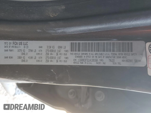 2020 Ram 1500 Big Horn with VIN 1C6RREBT2LN139160, listed as a Copart auction lot 45649495 with 129,247 mi miles and Salvage title. Bid and sale history available at DreamBid. Image 12.