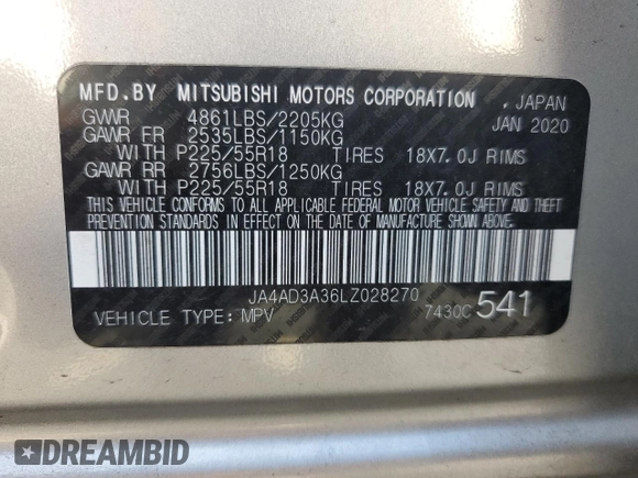 2020 Mitsubishi Outlander SE z VIN JA4AD3A36LZ028270, wystawiony jako Copart lot #58084565 z przebiegiem 49 111 mil mil oraz Szkoda całkowita • Salvage title. Historia ofert i sprzedaży dostępna na DreamBid. Obrazek 14.