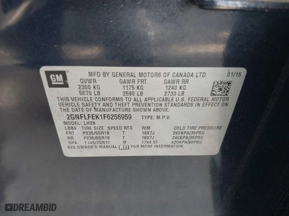 2015 Chevrolet Equinox LT with VIN 2GNFLFEK1F6256959, listed as a IAAI auction lot 41899721 with 131,165 mi miles. Bid and sale history available at carsss.com. Image 9.