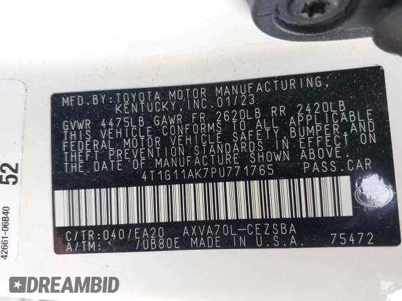 2023 Toyota Camry SE with VIN 4T1G11AK7PU771765, listed as a IAAI auction lot 42060929 with 39,407 mi miles and . Bid and sale history available at DreamBid. Image 9.