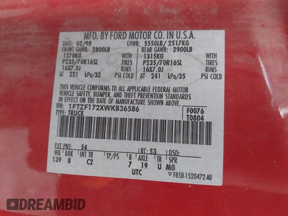 1998 Ford F-150 с VIN 1FTZF172XWKB36586, выставлен на аукционе IAAI как лот 41918407 с пробегом 198 281 миль миль и . История ставок и продаж доступна на DreamBid. Изображение 9.