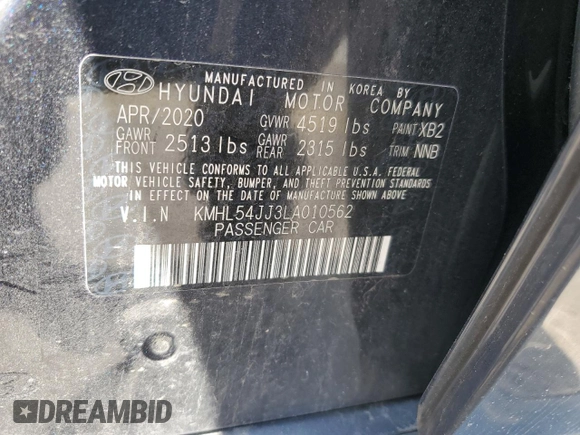 2020 Hyundai Sonata Hybrid Limited with VIN KMHL54JJ3LA010562, listed as a Copart auction lot 51550634 with 34,161 mi miles and Salvage Title. Bid and sale history available at carsss.com. Image 12.