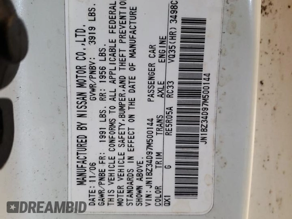 2007 Nissan 350Z with VIN JN1BZ34D97M500144, listed as a Copart auction lot 39579634 with 106,650 mi miles and Clean Title. Bid and sale history available at DreamBid. Image 12.