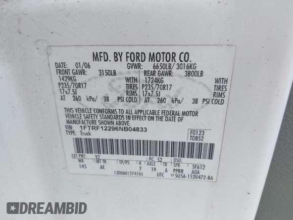 2006 Ford F-150 XL with VIN 1FTRF12296NB04833, listed as a IAAI auction lot 42676387 with 276,152 mi miles and . Bid and sale history available at DreamBid. Image 9.