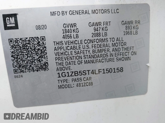 2020 Chevrolet Malibu LS with VIN 1G1ZB5ST4LF150158, listed as a IAAI auction lot 41174386 with 46,979 mi miles and . Bid and sale history available at DreamBid. Image 9.