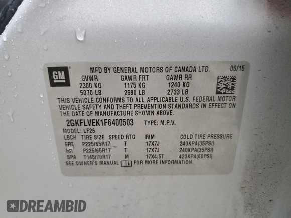 2015 GMC Terrain SLE with VIN 2GKFLVEK1F6400503, listed as a Copart auction lot 59157995 with 88,522 mi miles and Salvage title. Bid and sale history available at DreamBid. Image 13.