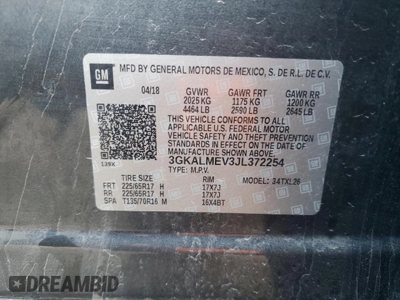 2018 GMC Terrain SLE with VIN 3GKALMEV3JL372254, listed as a Copart auction lot 50237645 with 140,806 mi miles and Salvage Title. Bid and sale history available at carsss.com. Image 14.