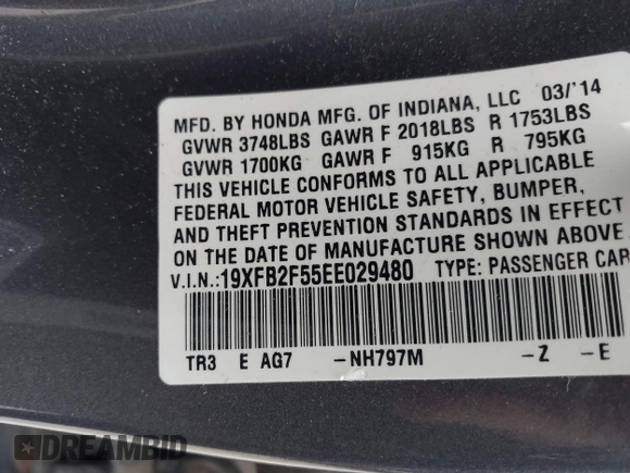 2014 Honda Civic Sedan LX with VIN 19XFB2F55EE029480, listed as a IAAI auction lot 42039784 with 138,734 mi miles. Bid and sale history available at carsss.com. Image 9.