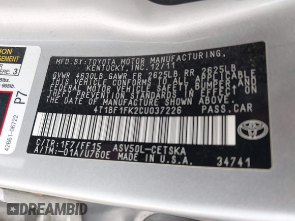 2012 Toyota Camry L with VIN 4T1BF1FK2CU037226, listed as a IAAI auction lot 42017056 with 218,932 mi miles and . Bid and sale history available at carsss.com. Image 9.