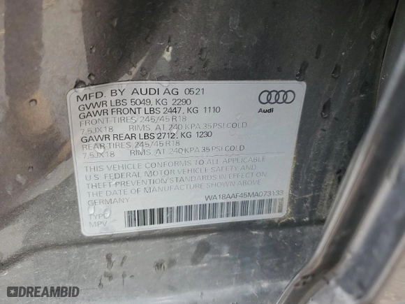 2021 Audi A4 allroad Premium Plus with VIN WA18AAF45MA073133, listed as a Copart auction lot 67555623 with 17,579 mi miles. Bid and sale history available at carsss.com. Image 13.