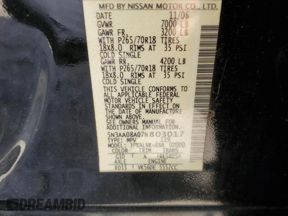 2007 Infiniti QX56 with VIN 5N3AA08A07N803017, listed as a Copart auction lot 60025774 with 237,136 mi miles and Salvage Title. Bid and sale history available at carsss.com. Image 13.