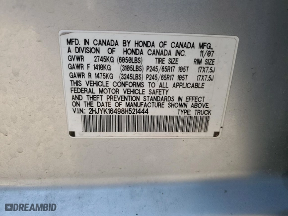 2008 Honda Ridgeline RTS with VIN 2HJYK16498H521444, listed as a Copart auction lot 52504555 with 188,342 mi miles and Clean Title. Bid and sale history available at carsss.com. Image 12.