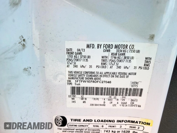 2013 Ford F-150 XL with VIN 1FTFW1EF8DFC27046, listed as a Copart auction lot 52782415 with 189,079 mi miles and Salvage Title. Bid and sale history available at DreamBid. Image 14.