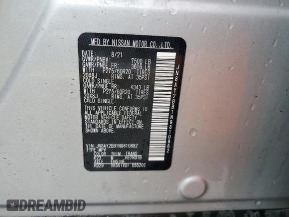 2022 Nissan Armada SL with VIN JN8AY2BB1N9810882, listed as a Copart auction lot 51917545 with 72,080 mi miles and Salvage Title. Bid and sale history available at carsss.com. Image 13.