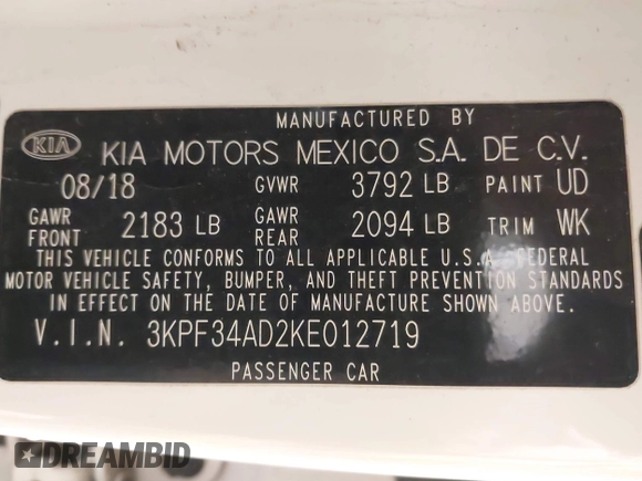 2019 Kia Forte S with VIN 3KPF34AD2KE012719, listed as a IAAI auction lot 41531978 with 73,982 mi miles. Bid and sale history available at carsss.com. Image 9.