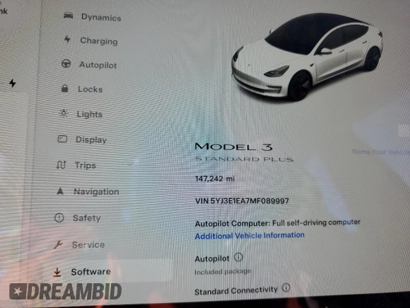 2021 Tesla Model 3 Standard Range Plus with VIN 5YJ3E1EA7MF089997, listed as a Copart auction lot 81528284 with 147,242 mi miles and Clean Title. Bid and sale history available at DreamBid. Image 9.