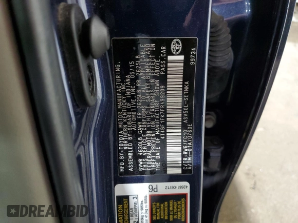 2015 Toyota Camry XLE с VIN 4T4BF1FK7FR499209, выставлен на аукционе Copart как лот 60534335 с пробегом 46 933 миль миль и Списание • Salvage title. История ставок и продаж доступна на DreamBid. Изображение 12.