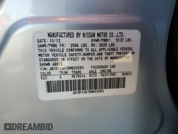 2013 Infiniti M37 with VIN JN1BY1AR7DM602593, listed as a Copart auction lot 76594594 with 118,994 mi miles and Salvage Title. Bid and sale history available at carsss.com. Image 12.