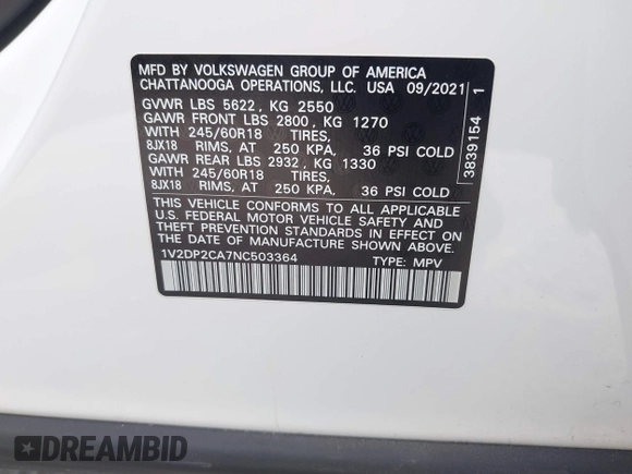 2022 Volkswagen Atlas SE with VIN 1V2DP2CA7NC503364, listed as a IAAI auction lot 41788524 with 49,134 mi miles and . Bid and sale history available at DreamBid. Image 9.