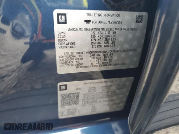 2020 GMC Sierra 1500 Denali with VIN 1GTU9FEL7LZ367359, listed as a Copart auction lot 48793545 with 53,607 mi miles and Salvage Title. Bid and sale history available at DreamBid. Image 14.
