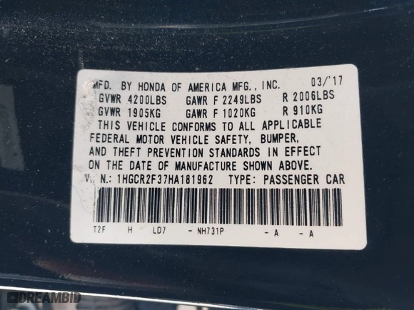 2017 Honda Accord Sedan LX with VIN 1HGCR2F37HA181962, listed as a IAAI auction lot 41933474 with 107,605 mi miles. Bid and sale history available at carsss.com. Image 9.
