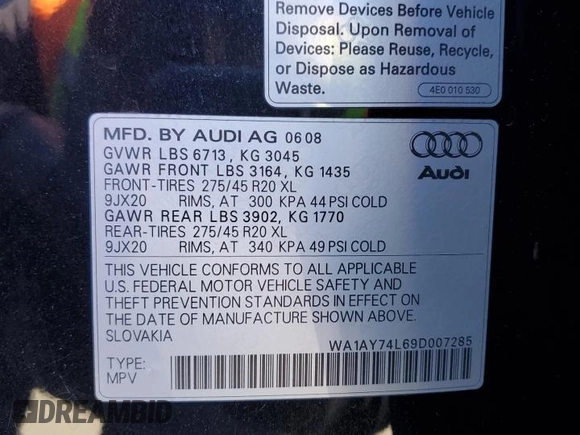 2009 Audi Q7 with VIN WA1AY74L69D007285, listed as a Copart auction lot 48211885 with 195,409 mi miles and Clean Title. Bid and sale history available at carsss.com. Image 13.