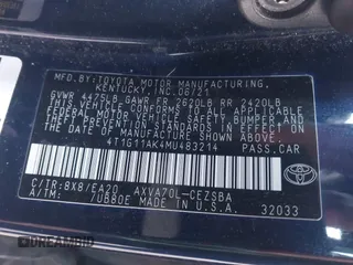 2021 Toyota Camry SE Nightshade with VIN 4T1G11AK4MU483214, listed as a IAAI auction lot 41487326 with 102,205 mi miles and . Bid and sale history available at DreamBid. Image 9.