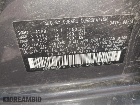 2022 Subaru Impreza with VIN 4S3GTAB69N3701963, listed as a IAAI auction lot 42341834 with 53,190 mi miles and . Bid and sale history available at DreamBid. Image 9.
